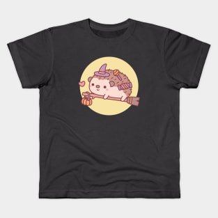 Cute Little Hedgehog Witch Flying On A Broom Halloween Kids T-Shirt